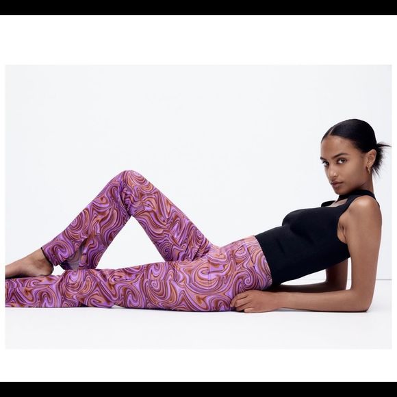 ZARA dark mauve swirl printed high waisted flared leg pants Sz S NWT - Picture 2 of 10